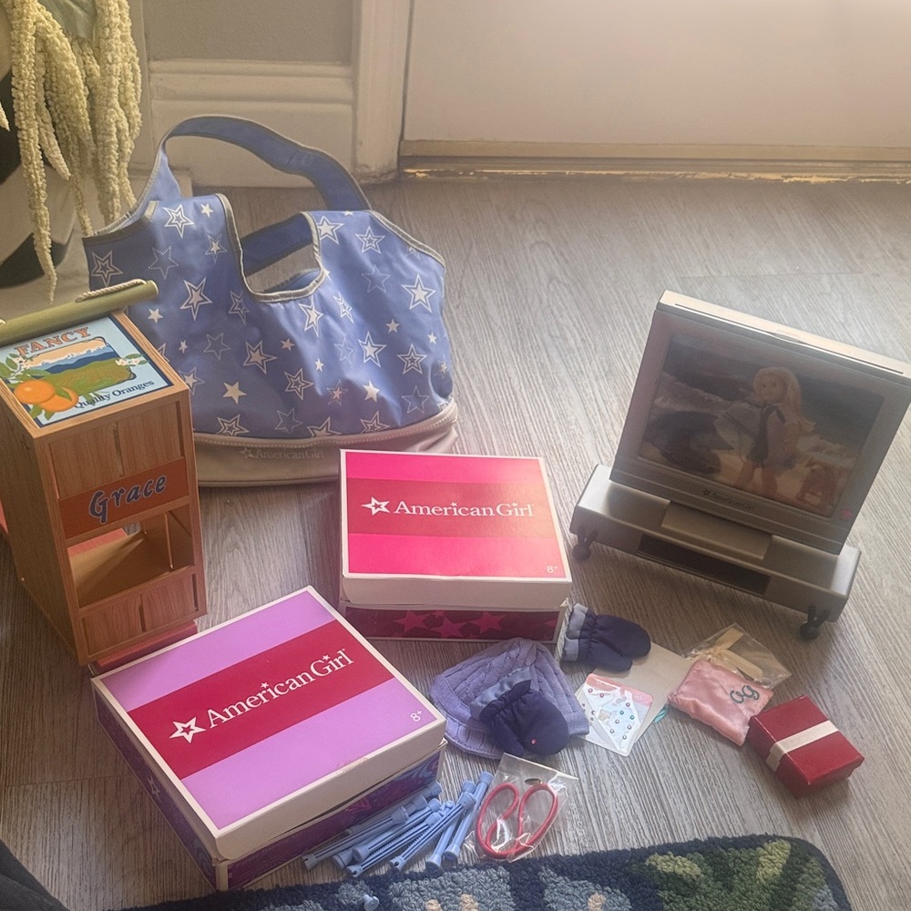 American Girl tote, accessories, and scooter